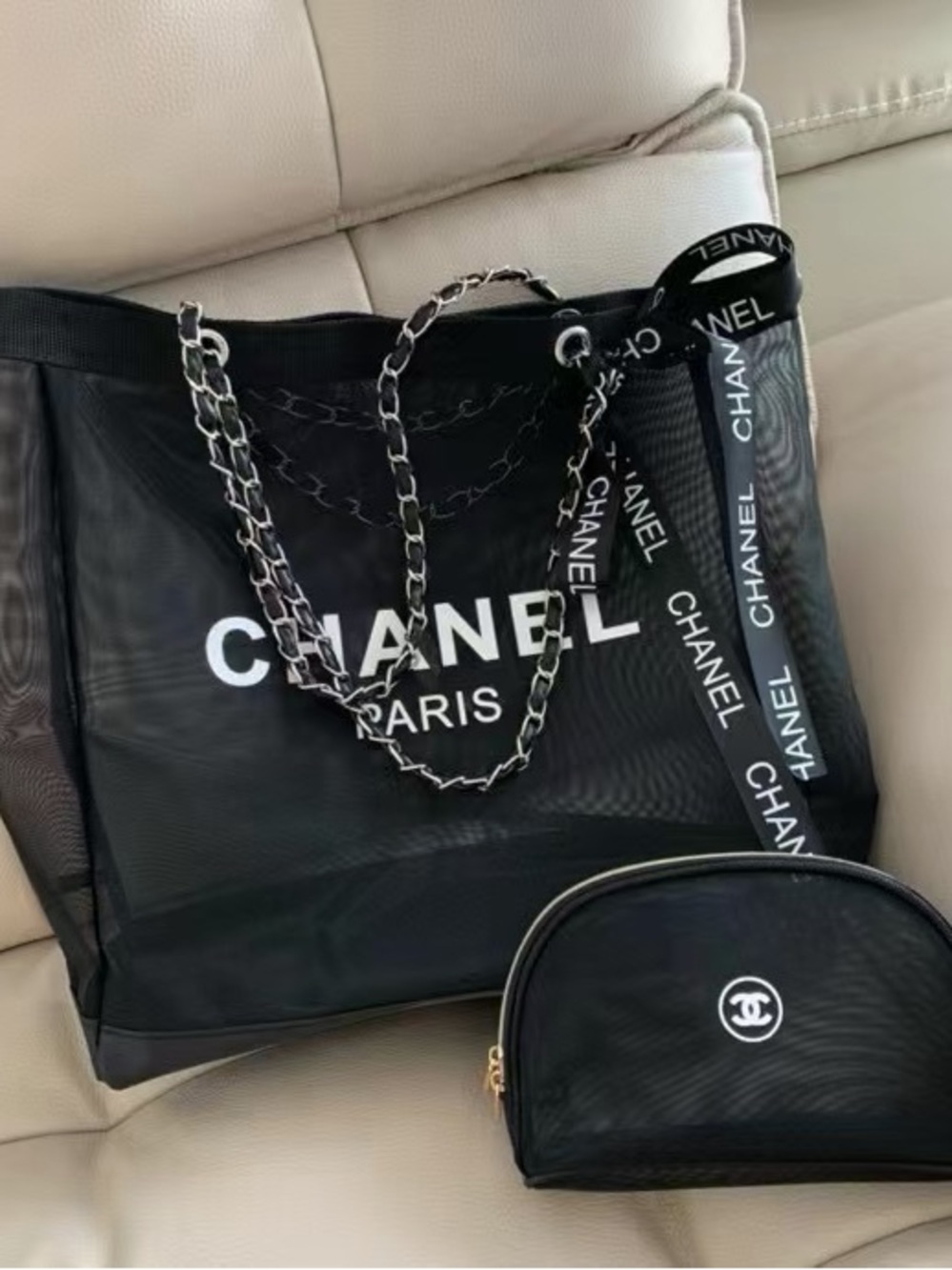 Chanel gift mesh tote and cosmetic bag